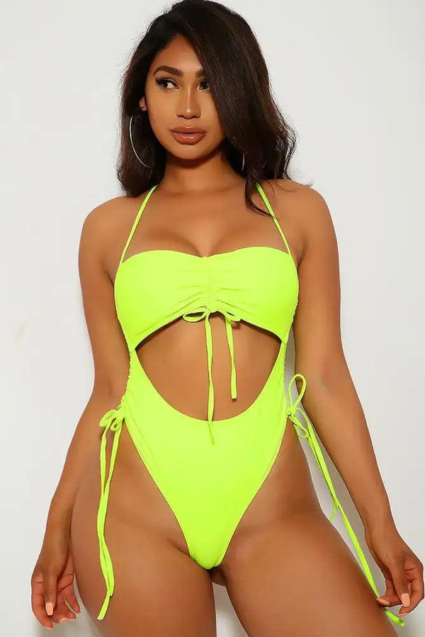 Sexy Neon Lime Ruched One Piece Swimsuit
