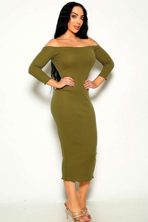 Sexy Olive Lettuce Trim Half Sleeve Midi Party Dress