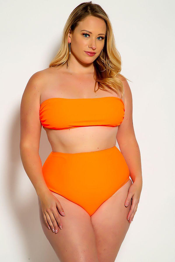 Sexy Orange Bandeau High Waist Plus Size Swimsuit