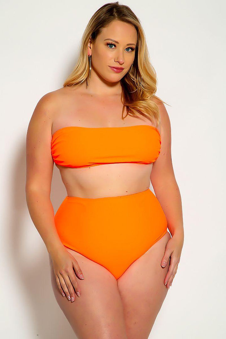 Sexy Orange Bandeau High Waist Plus Size Swimsuit