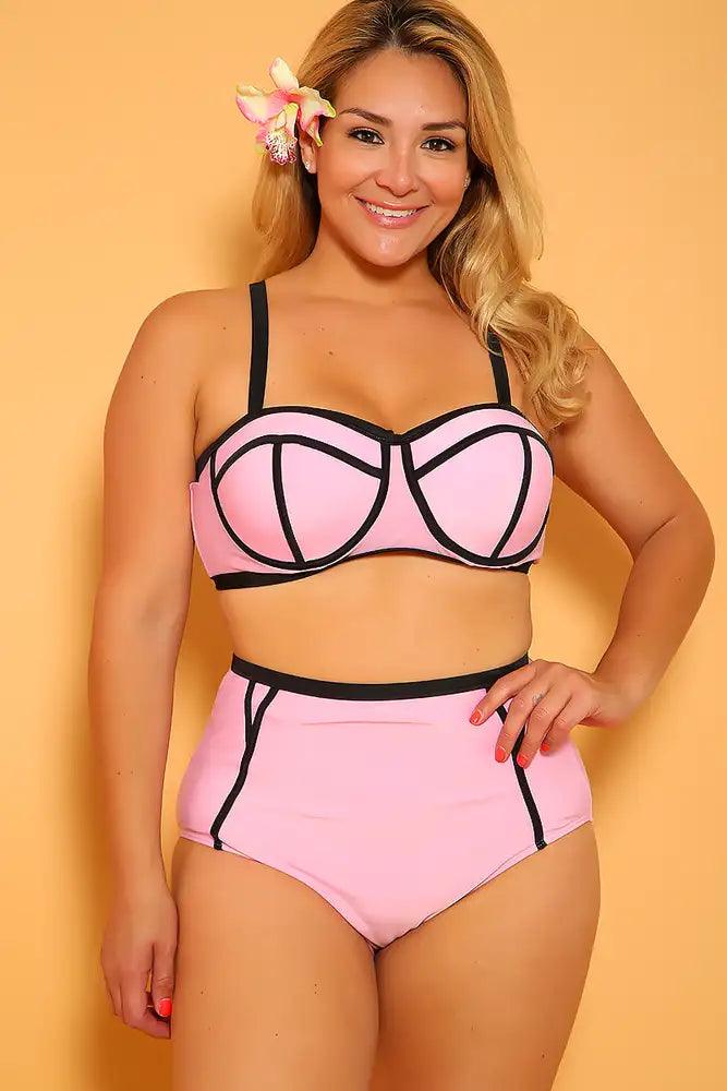 Sexy Pink Bandeau High Waist Plus Size Two Piece Swimsuit