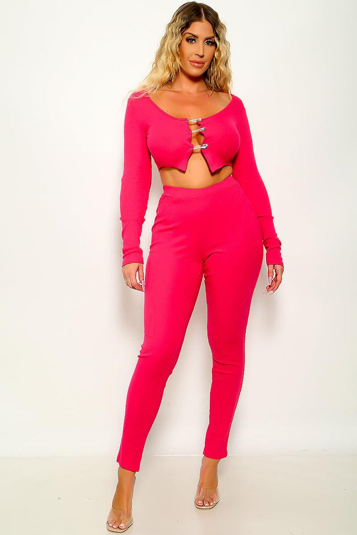 Sexy Pink Long Sleeve Two Piece Pants Outfit With Safety Pin Cleavage Top