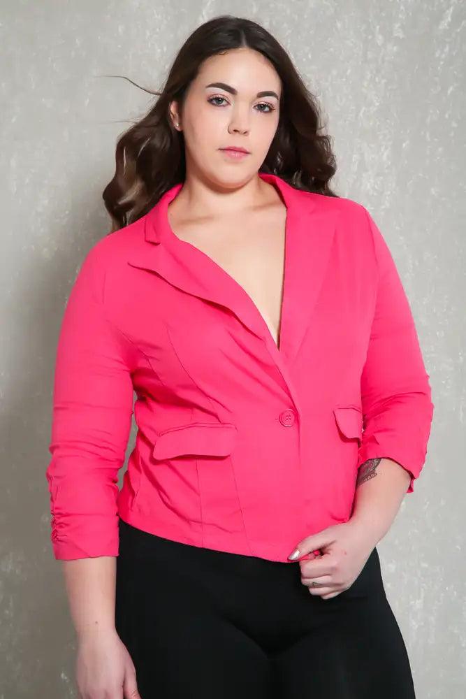 Sexy Pink Quarter Sleeves Plus Size Blazer