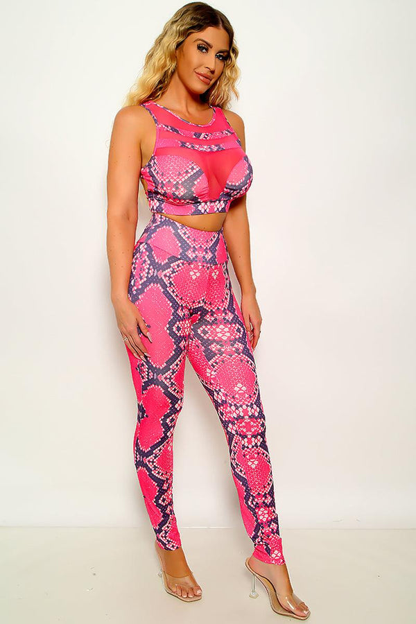 Sexy Pink Snake Print 2pc Outfit Mesh Crop Top And Pants