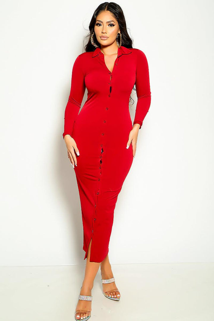 Sexy Red Long Sleeve Button Up Maxi Dress