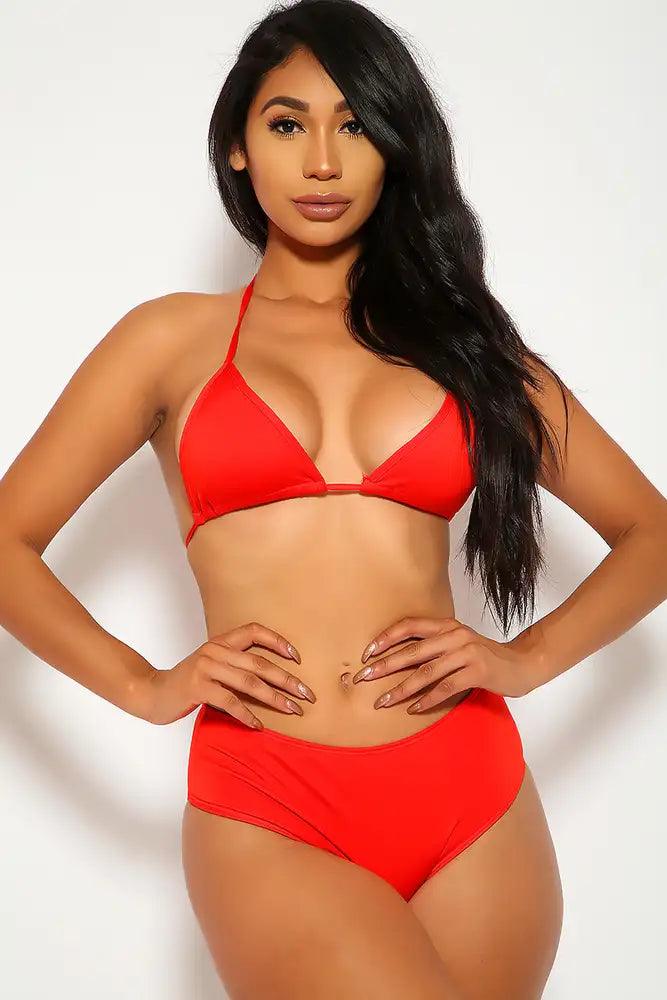 Sexy Red Triangle High Waisted Two Piece Swimsuit