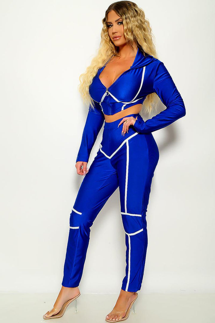Sexy Royal Blue 2pc Long Sleeve Pants Suit White Trim