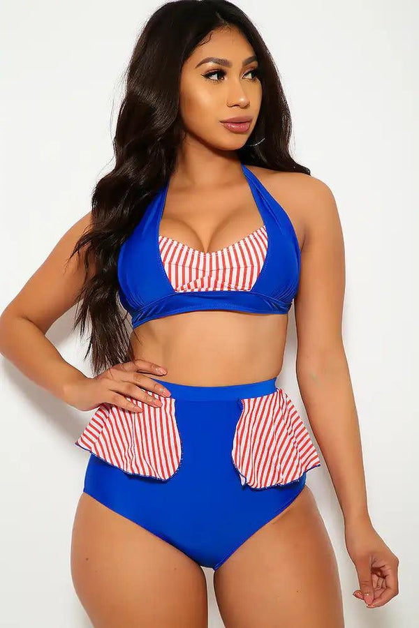 Sexy Royal Blue Striped Halter Ruffled High Waist Two Piece Swimsuit