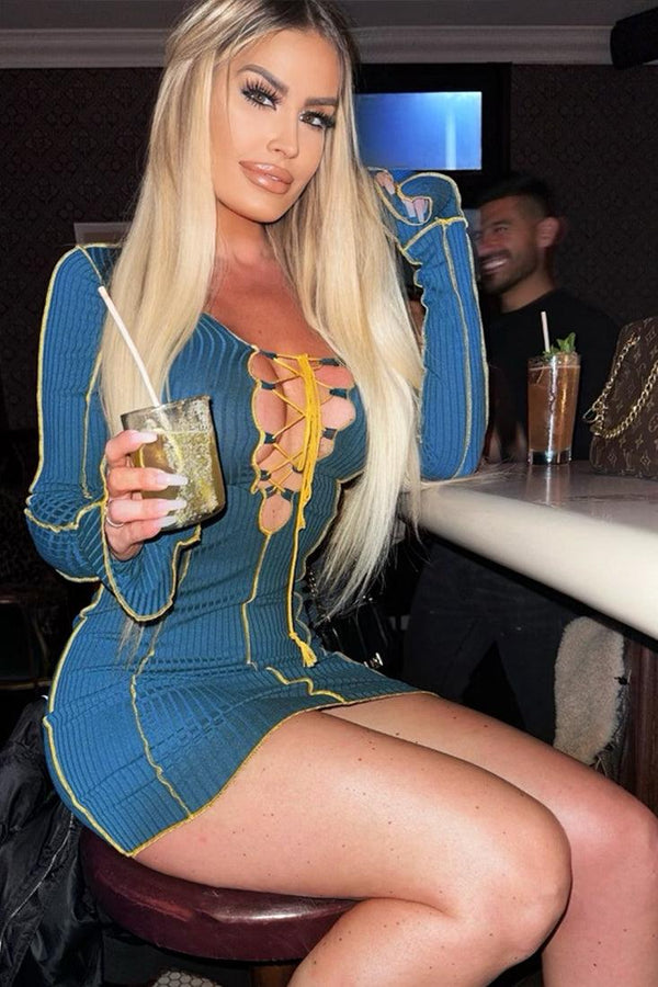 Sexy Teal Lace Up Flared Sleeves Ribbed Party Dress