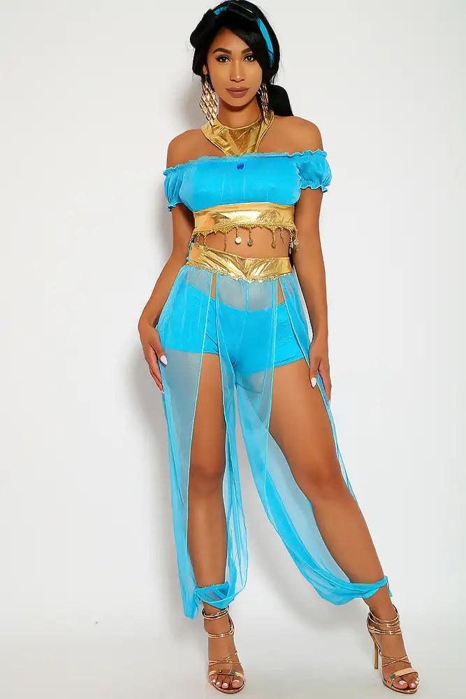 Sexy Turquoise Gold Sheer Storybook Fantasy Princess J 3 Pc. Costume Set