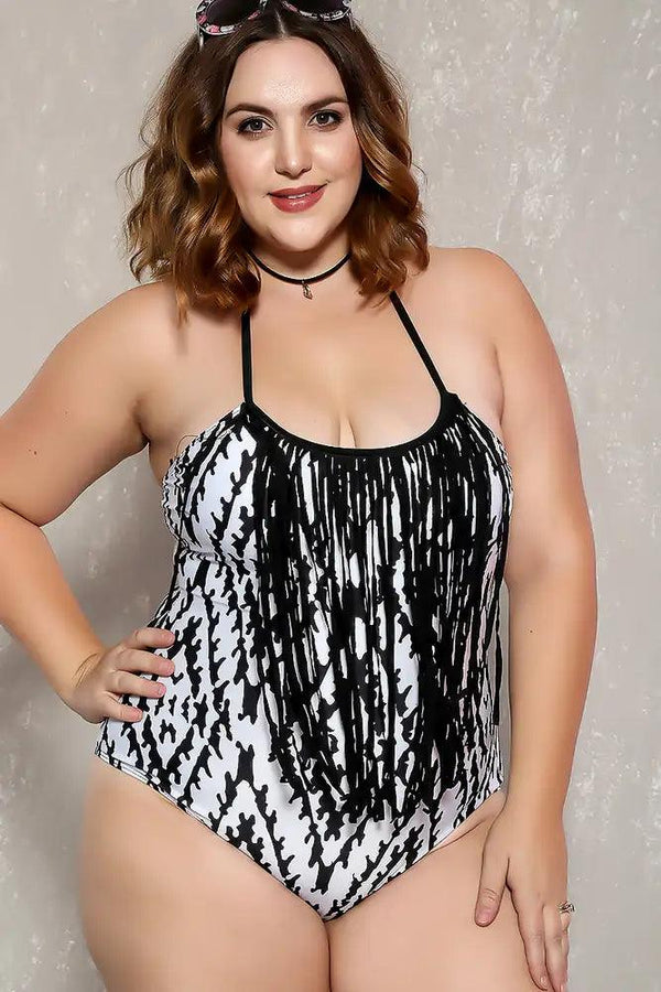 Sexy White Black Fringe Printed Padded Plus Size One Piece
