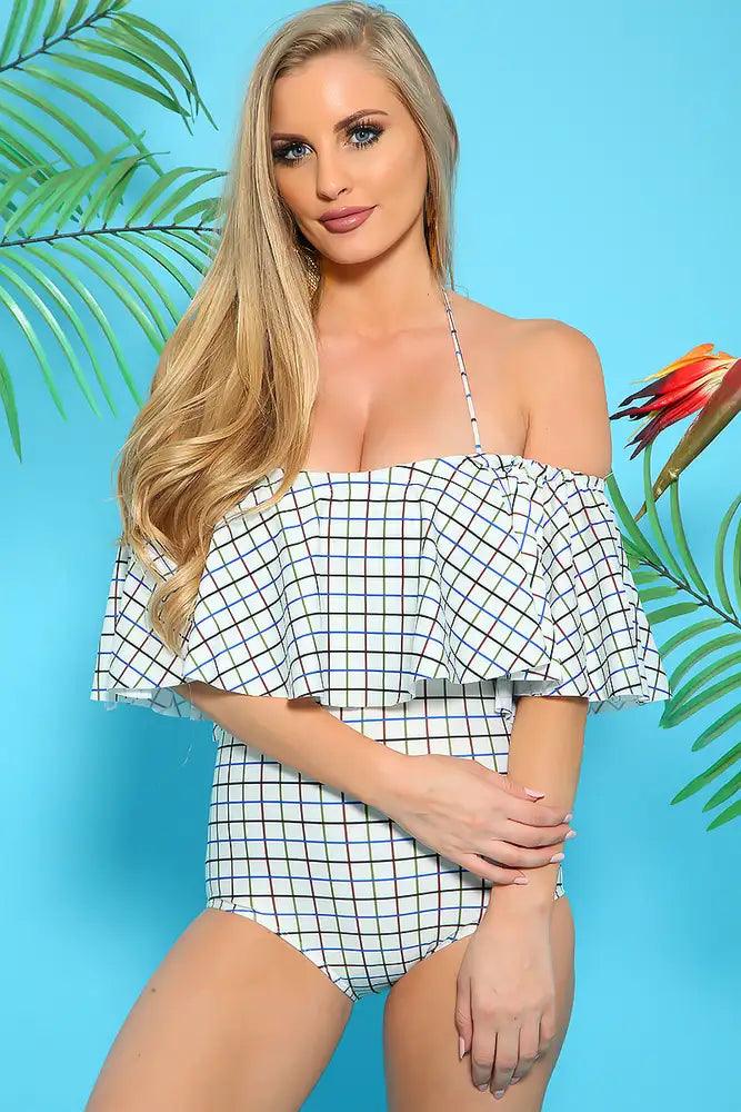 Sexy White Blue Over Layer Padded One Piece Swimsuit