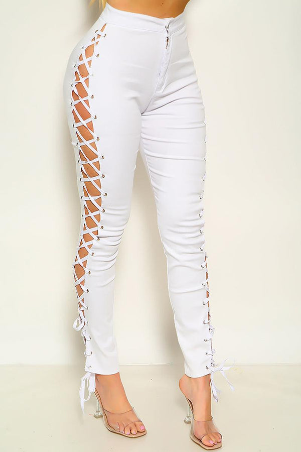 Sexy White Criss-Cross Lace Up Zip Up Pants