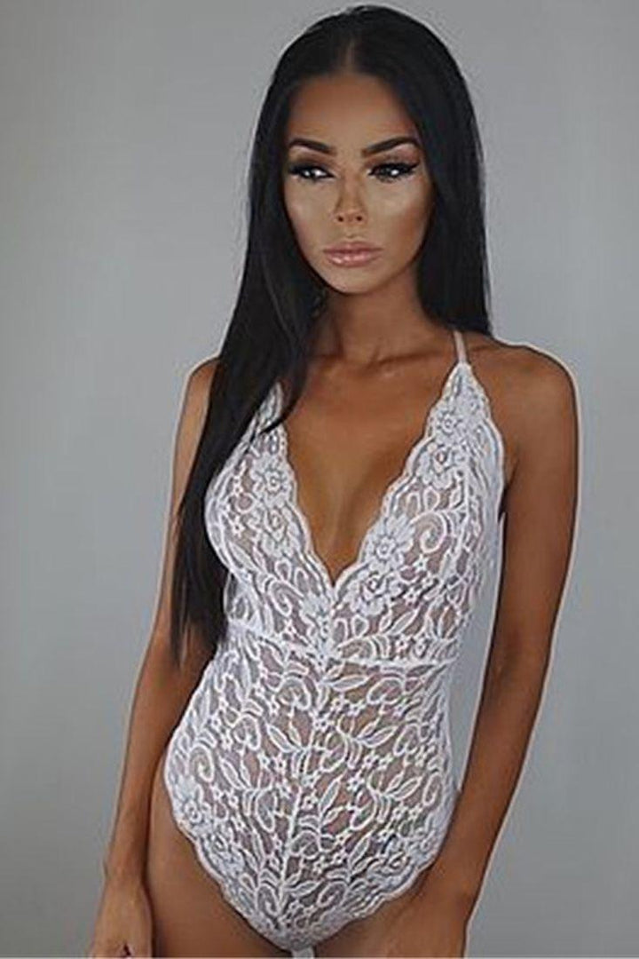Sexy White Lace Bodysuit Imitates
