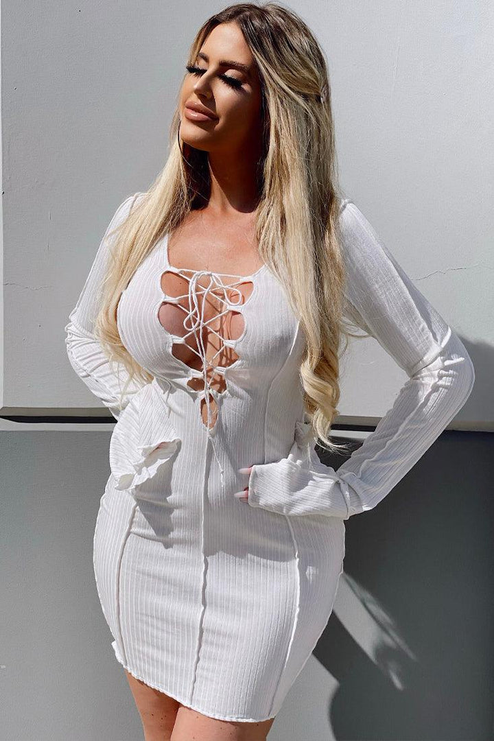 Sexy White Lace Up Flared Sleeves Ribbed Party Dress