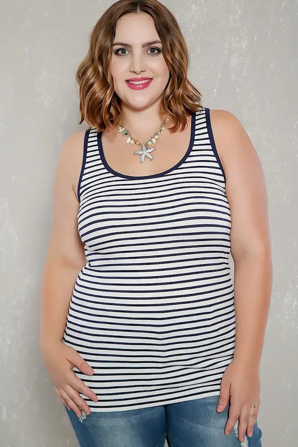 Sexy White Navy Striped Ribbed Sleeveless Casual Plus Size Top