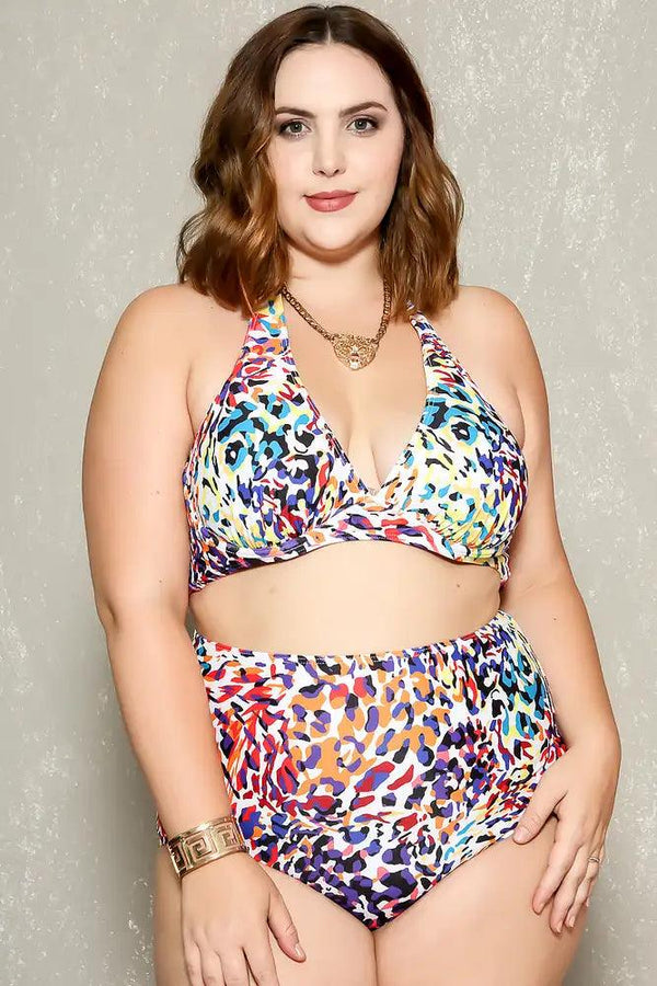 Sexy White Purple Animal Print High Waist Padded 2Pc. Bikini