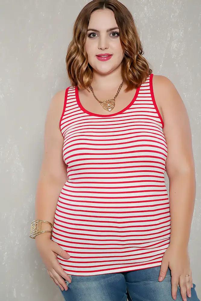Sexy White Red Striped Ribbed Sleeveless Casual Plus Size Top