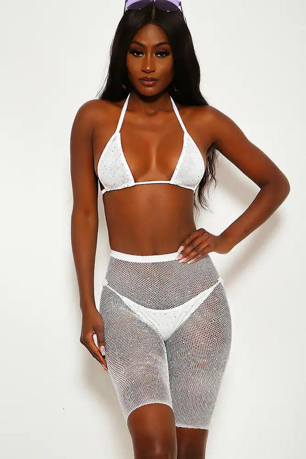 Sexy White Sparkle Rhinestone Two Piece Swimsuit