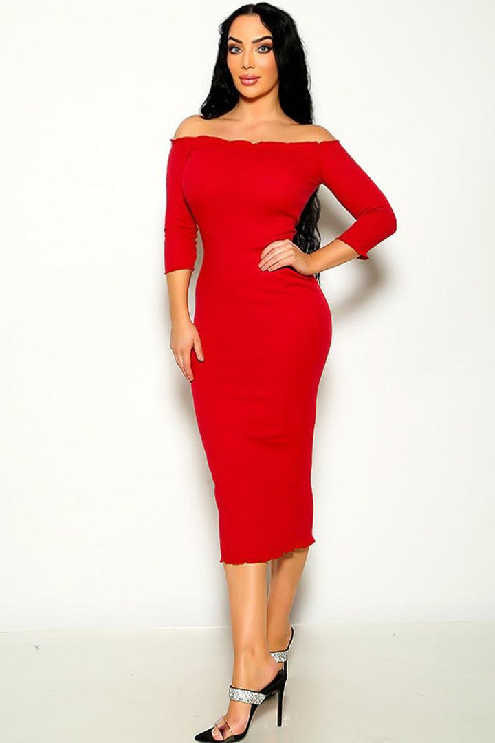 Sexy Wine Lettuce Trim Half Sleeve Midi Party Dress