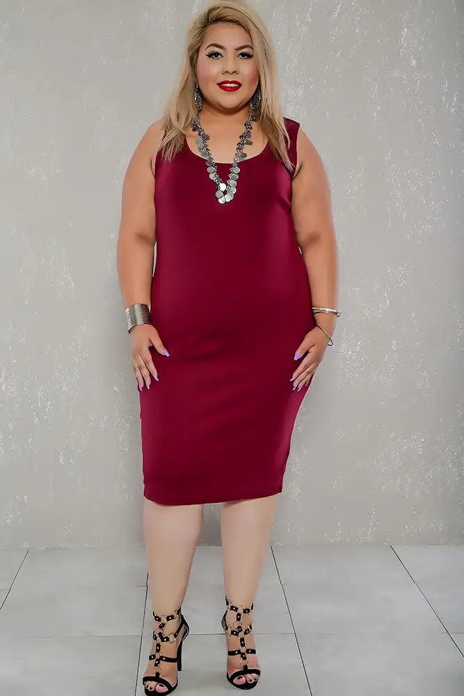 Sexy Wine Ribbed Knee Length Sleeveless Casual Dress