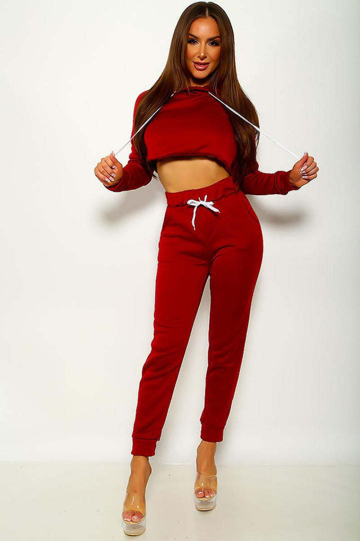 Sexy Wine Two Piece Long Sleeve Sweatsuit Outfit