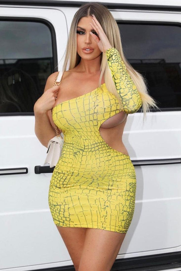 Sexy Yellow Scale Print One Sleeve Cutout Club Dress