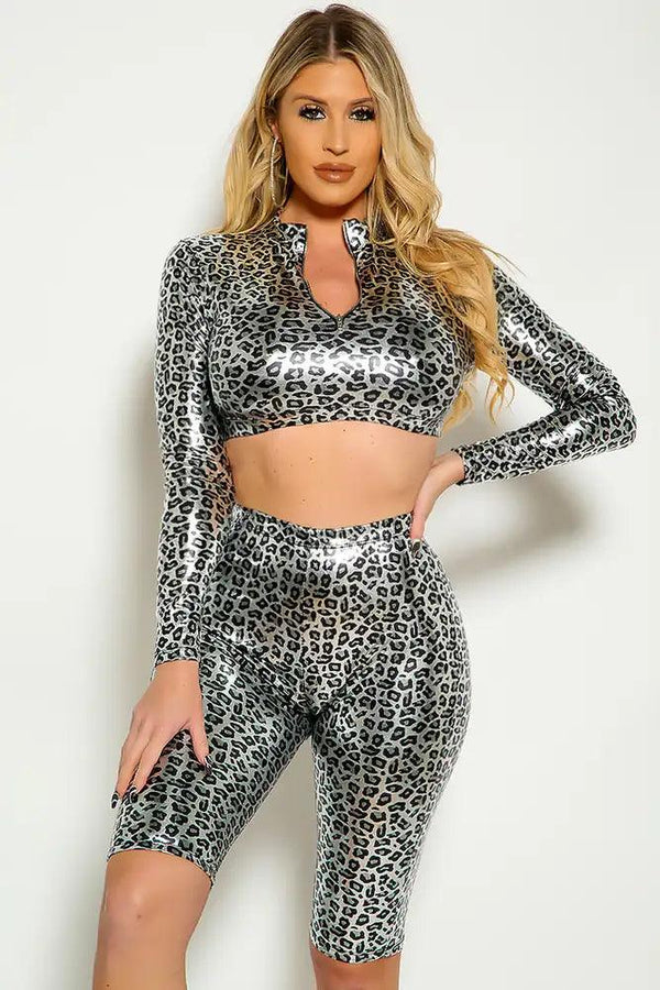 Silver Cheetah Long Sleeve Cropped Metallic Two Piece Shorts Outfit