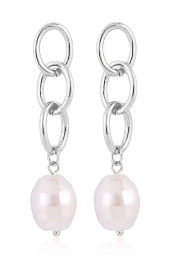 Silver White Faux Pearl Dangling Earrings