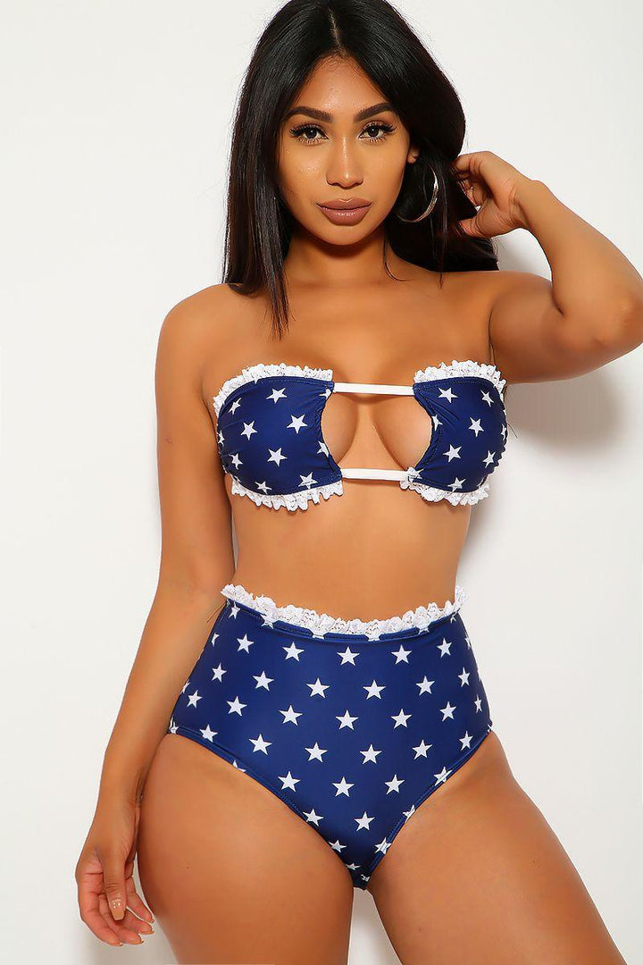 Star Print Blue White Lace Bandeau Two Piece Swimsuit