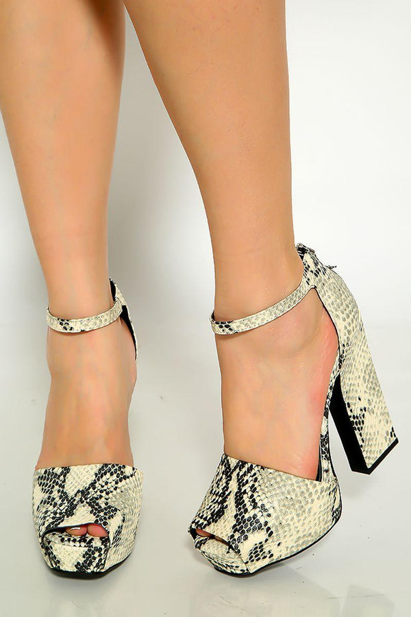 Stone Black Snake Print Peep Toe  Platform Chunky High Heels