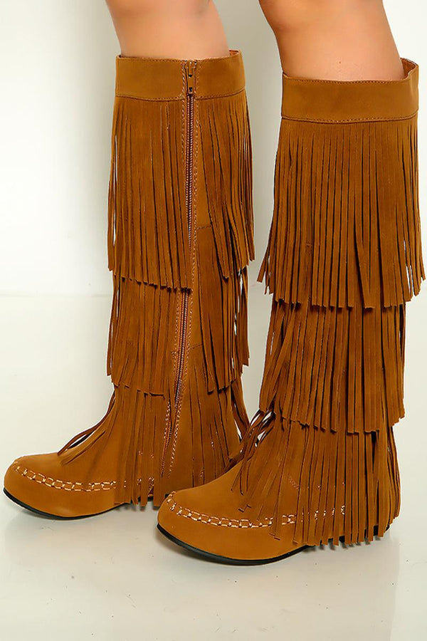 Tan Moccasin Fringe Knee High Suede Flat Boots