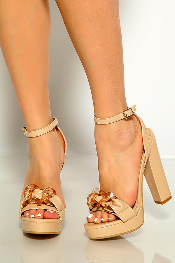 Taupe Faux Leather Chain Accent Chunky High Heels