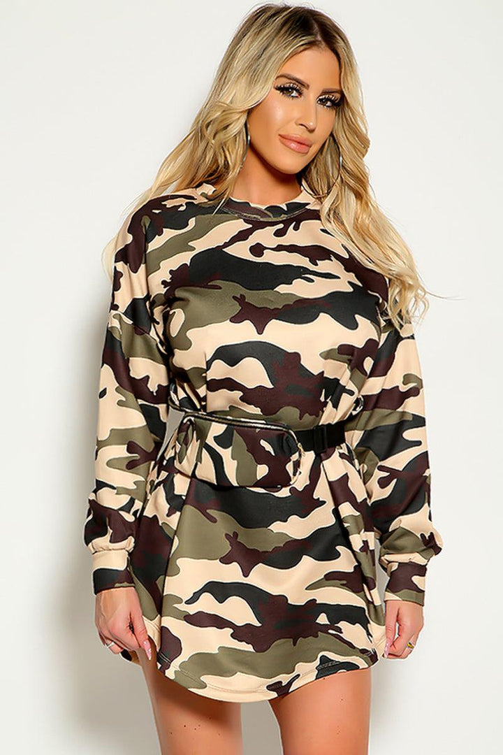 Taupe Olive Camouflage Print Long Sleeves Dress