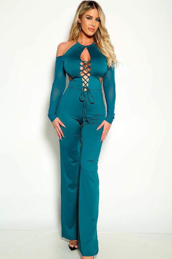 Teal Long Sleeves Lace Up Flared Jumpsuit