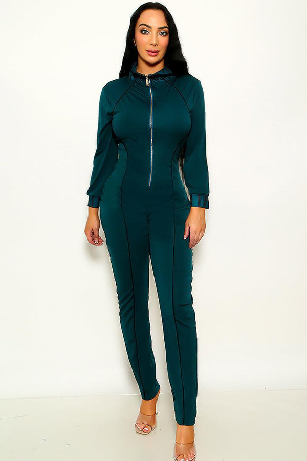 Teal Round Neck Long Sleeve Zip Up Jumpsuit
