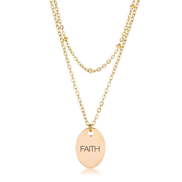 This classy necklace features a simple oval pendant inscribed with FAITH hanging from a cable chain. An inner saturn chain adds sophistication to