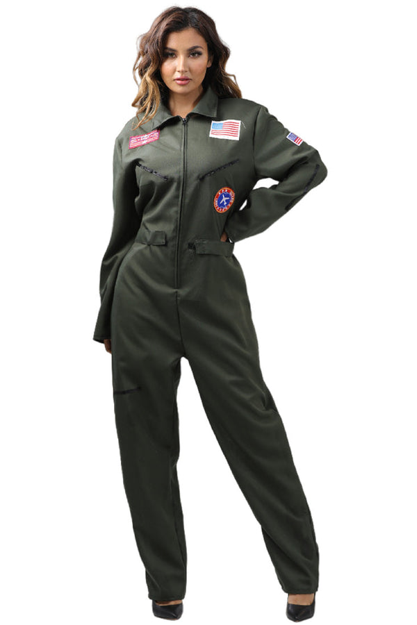 Olive Top Fighter Flight Pilot Sexy Jumpsuit Gun Sexy Women Costum