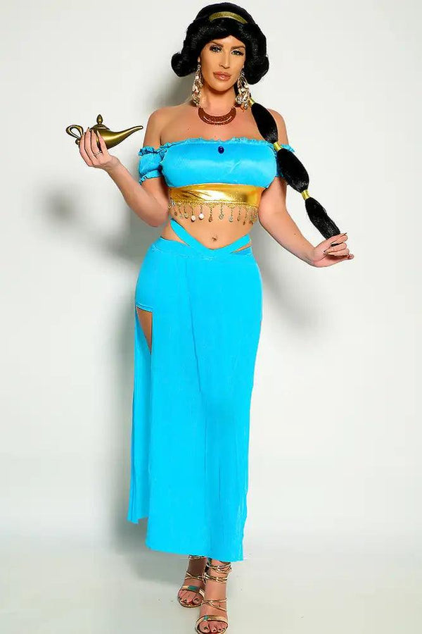 Turquoise Gold Off The Shoulder Fringe Princess Jas 3 Piece Costume