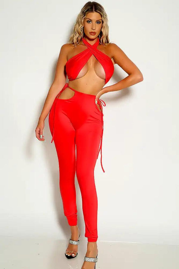 Watermelon Cross Halter Strap Side Tie Two Piece Outfit