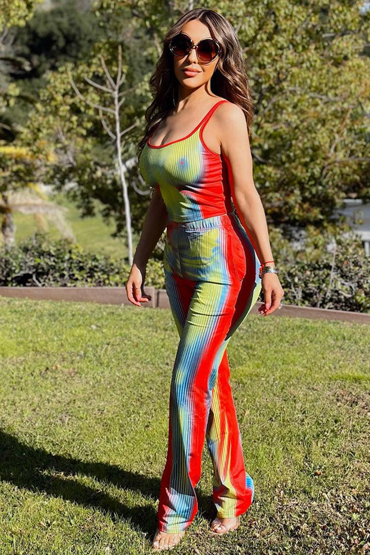 Green Multi Body Contour Print Crop Tank Top Pants 2Pc Outfit