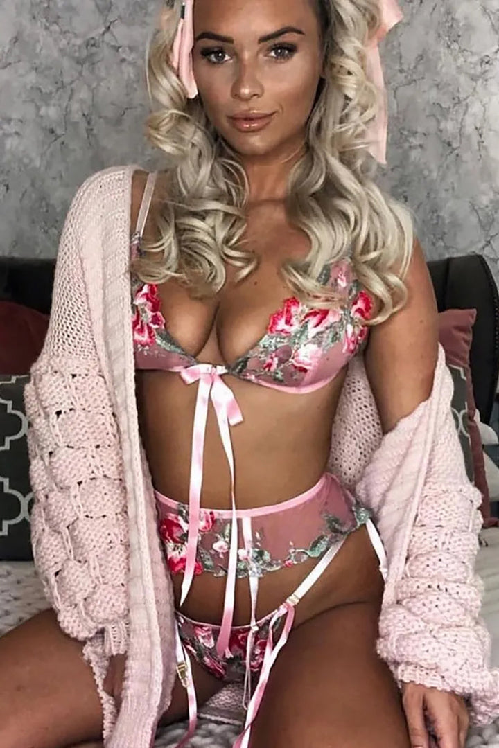 Sexy Pink Floral Embroidery Mesh Ribbon Lingerie 3 Pc Set