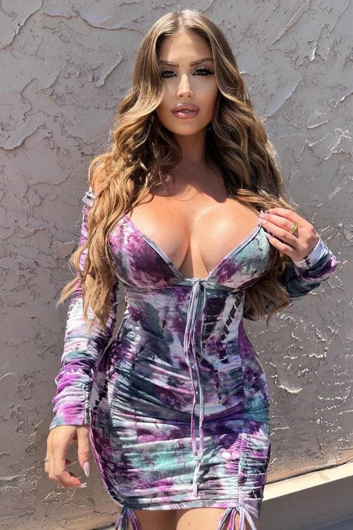 Purple Printed Rushed Draw String Fitted Long Sleeves Sexy Dress
