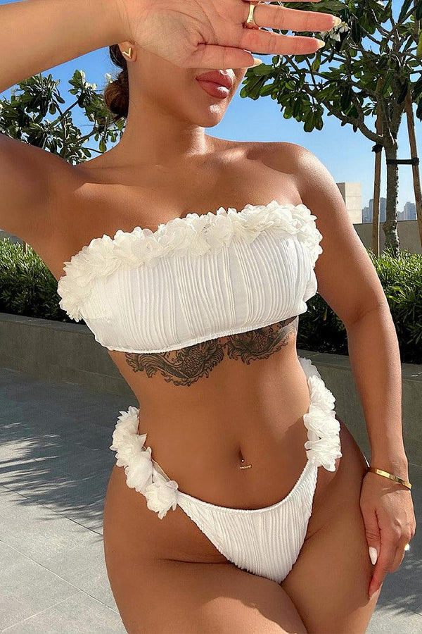 White 3D Flowers Bandeau Strapless Cheeky 2Pc Swimsuit Bikini