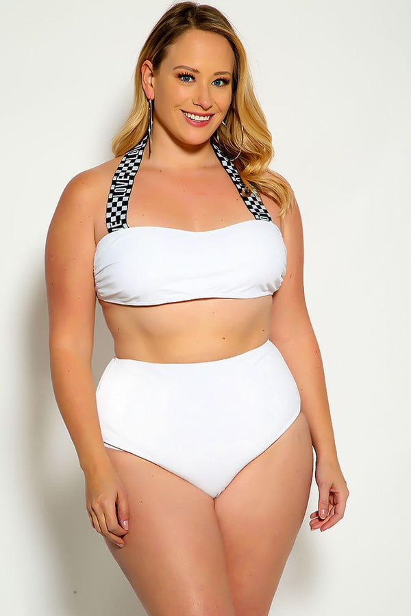 White Black Love Print Halter Bandeau High Waist Plus Size Swimsuit