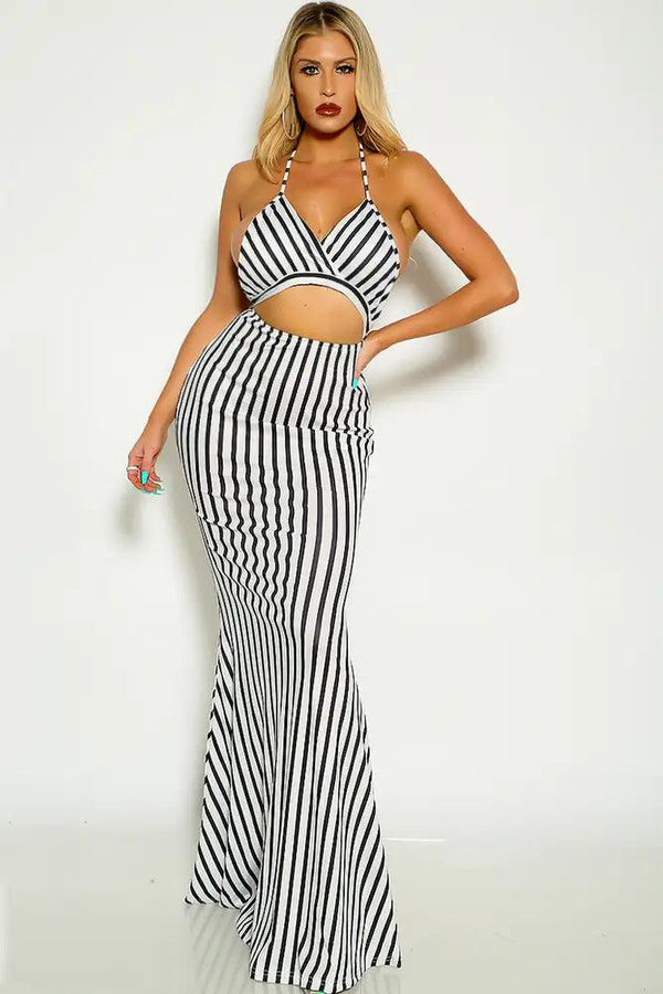 White Black Stripe Halter Cut Out Maxi Dress