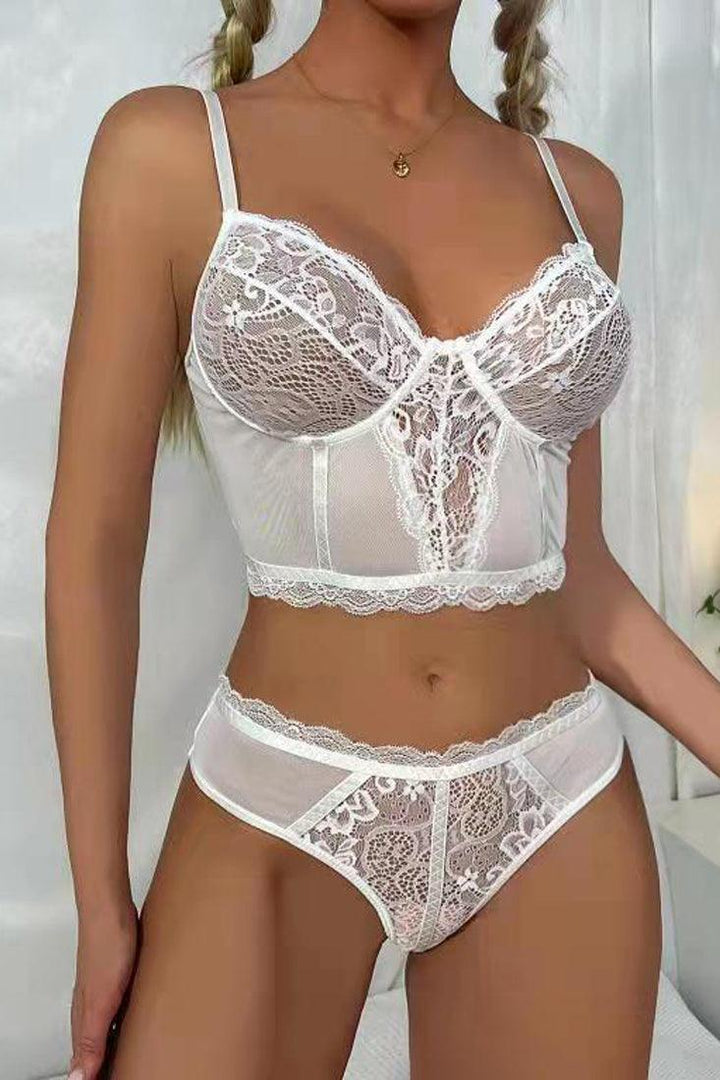 White Bustier Lace Bra Sleeveless 2 Pc Lingerie Set