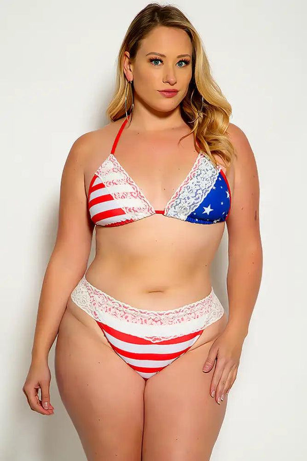 White Flag Lace Trim Pucker Back Plus Size Two Piece Bikini