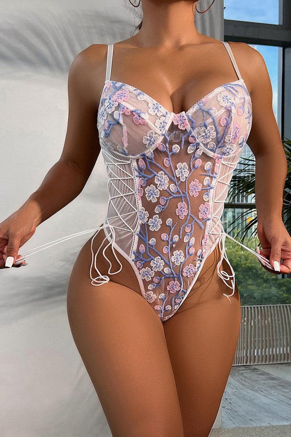 White Floral Embroidered Mesh Lace-Up Thong Lingerie Bodysuit