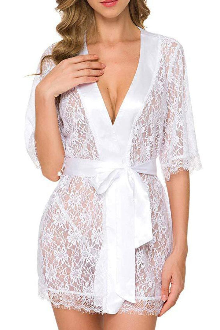 White Floral Lace Mid Sleeve Lingerie Robe 3 Pc Set